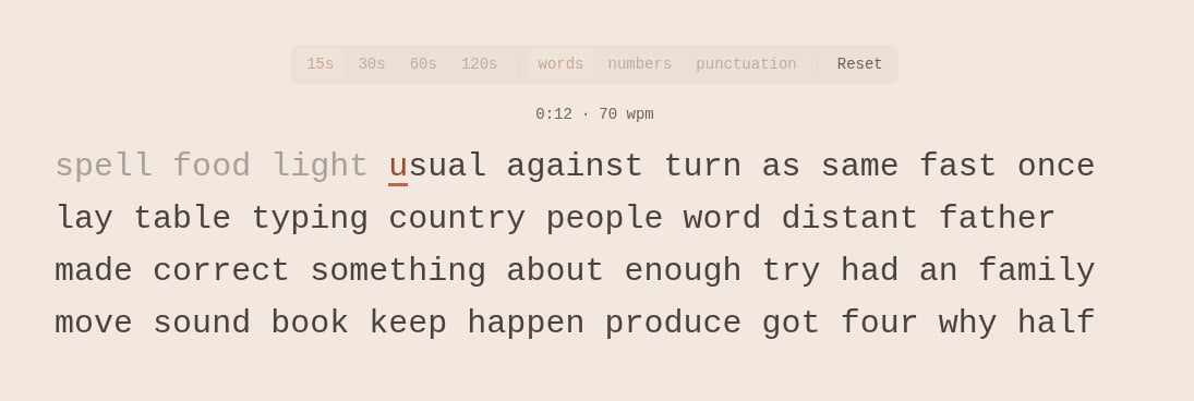 TypeSpeedTest.com mid-run, showing the 15-second typing speed test with a live WPM counter and per-word feedback